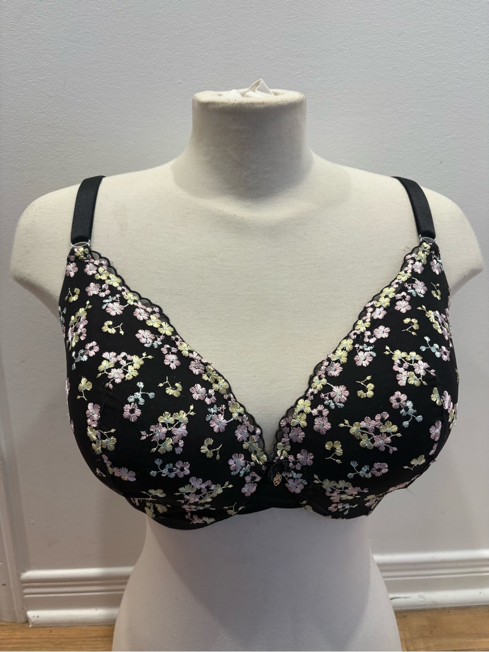 Floral Lace Trim Black Bra with Pink & Green Embroidery